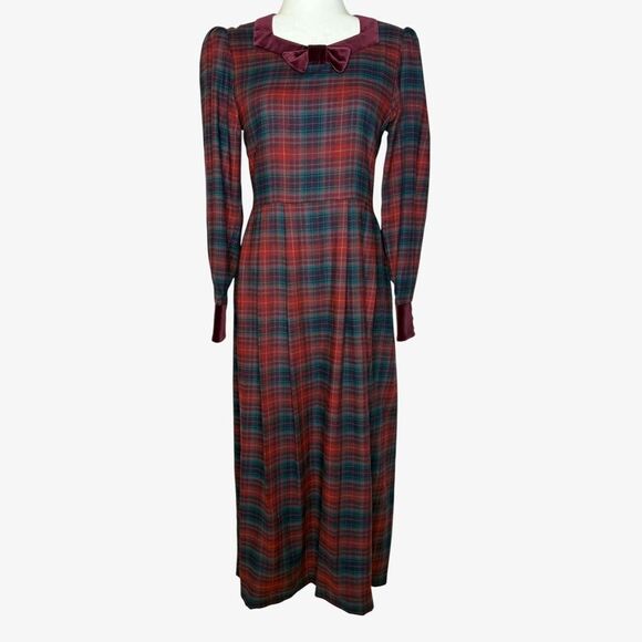 Vintage Laura Ashley Tartan Plaid Dress with Velvet Bow - Picture 1 of 8